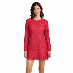 Reserved Red Long-Sleeve Lace Shift Dress